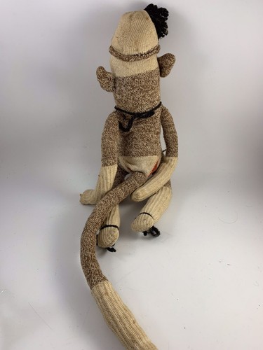 Vintage Brown & Off White Red Heel SOCK MONKEY With Hat