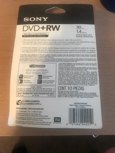 10-Pak =SONY= 3-Inch 8cm Mini DVD+RW 1.4GB 30-Min for Sony Camcorders