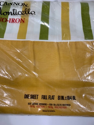 Vtg Cannon Monticello Full Army Yellow Green White Stripe Flat Sheet 81” 104”