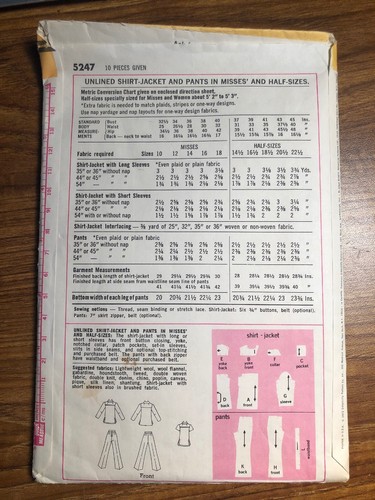 VINTAGE Simplicity Women’s Shirt/Jacket/Pant Sewinf Pattern 5247