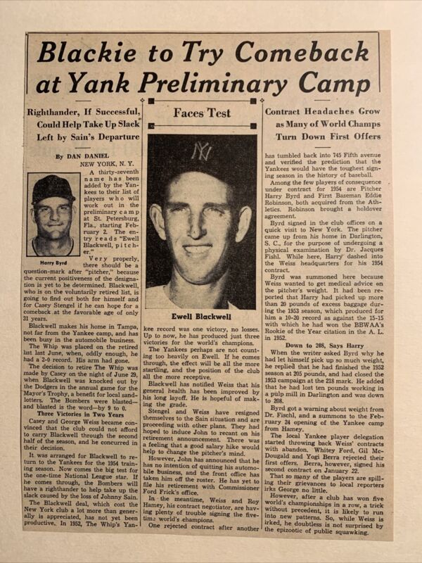 Ewell Blackwell Harry Byrd NY Yankees 1954 Sporting News Baseball 9X6 Panel