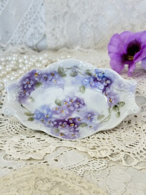 Vintage Style Porcelain Hand painted Trinket Dish Multiple Violets Embossed Gift