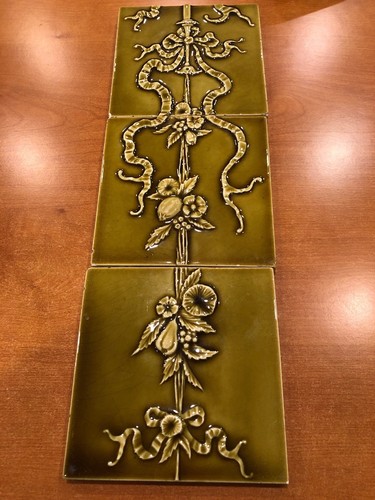3 Antique Providential Tile Works Trenton NJ 6” green Ribbon Floral fruit tiles