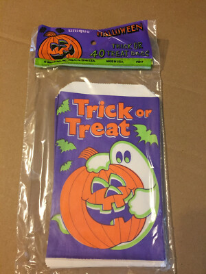 Vintage Halloween Unique Trick or Treat Candy paper Bags GHOST WITH PUMPKIN 40CT