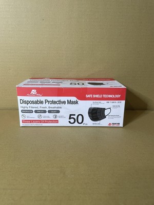 Black Disposable Face Mask 50 PCS 3-Ply Medical Surgical Ear-Loop Mouth Cover