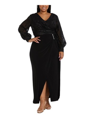 

NIGHTWAY Женское стрейчевое плиссированное макси-платье с длинным рукавом и V-образным вырезом, плюс вечернее платье с запахом, Черный