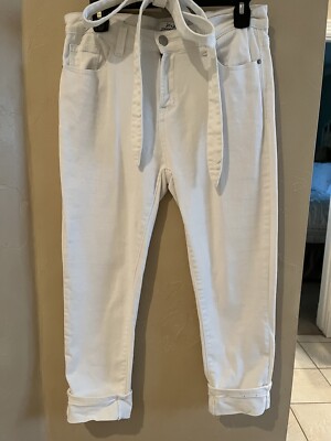 H+H HARMONY & HAVOC Cropped Fit WHITE Stretch Denim CUFFED HEM Jeans Sz 8 W Belt