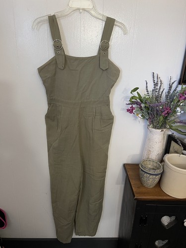 Japna M Green Jumper Pockets Sleeveless Buckle Linen Cotton