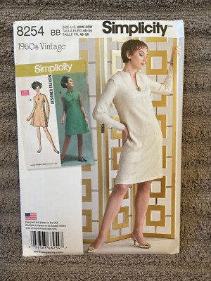 Simplicity Pattern 8254 Miss/Womens 1960s VINTAGE Dress w/Neck Slit~Sleeve Opts