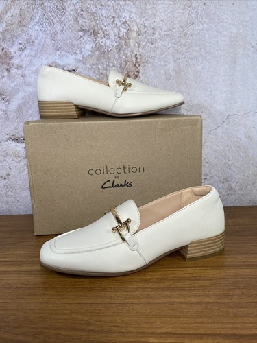 Clarks Pure Block Women's Leather White Ivory Gold Accent