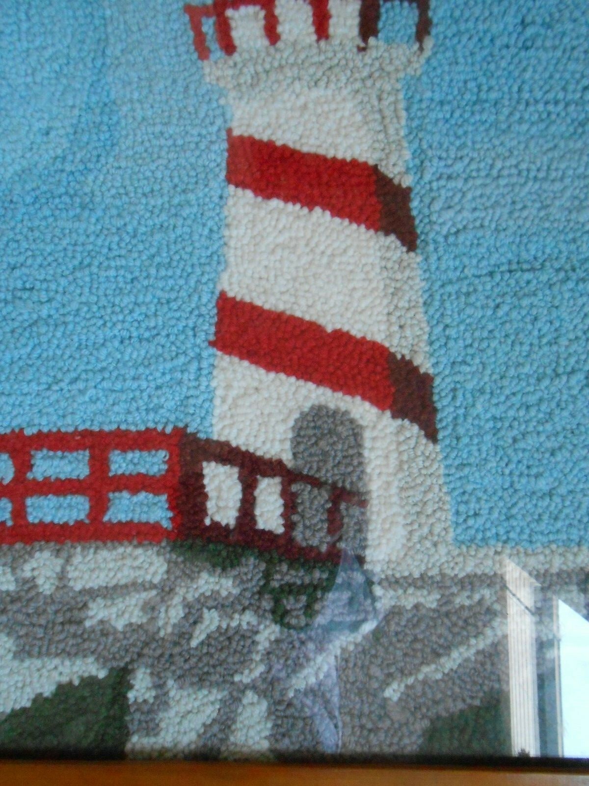 Vintage hand hooked large nautical rug framed 38X28 Maine lighthouse wool