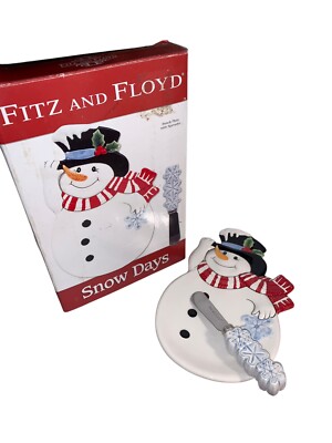 Fitz And Floyd Snow Days Snack Plate With Spreader 2009 Snowman Snowflakes NIB