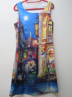 ROMANTIC VENICE ITALY GONDOLA ART HOLIDAY PAINTING SLIP OVER SLIM DRESS UK 8