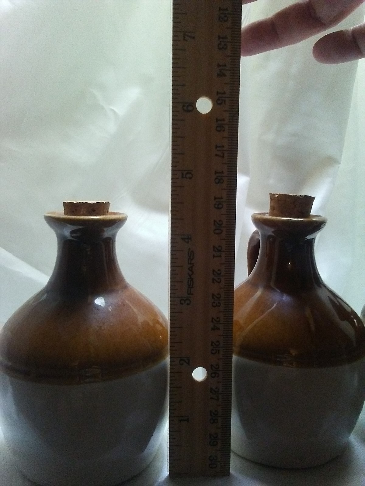 Vintage Small Brown & Cream Ceramic Crock Jug with Handle and Cork