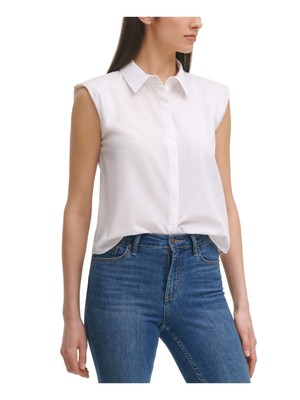 

CALVIN KLEIN Белый женский эластичный топ без рукавов с острым воротником на пуговицах