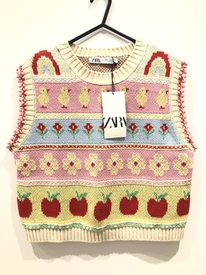 Zara Pastel Jacquard Knit Vest Pom Pom 