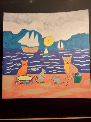 Cat Art Sea Scape Painting Whimsical Impressionism 8x8 Animals GAT PAINTINGS