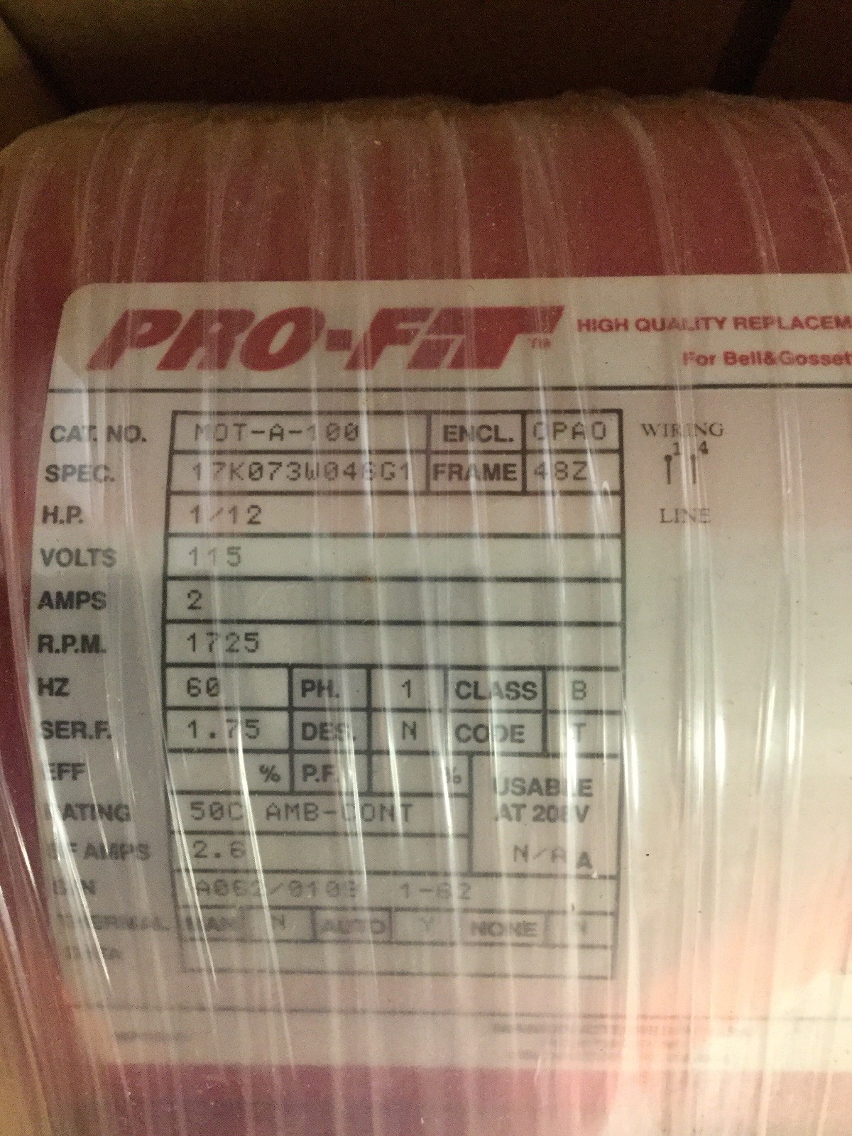 NEW, TACO PRO-FIT, MOT-A-100, MOTOR, 1/12 HP, (23D)