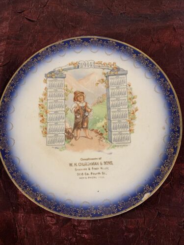 1914 Calendar Plate "W H Churchman&Sons Groceries & Fresh Meats 8" D.
