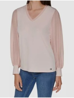 

CALVIN KLEIN Женский розовый прозрачный топ с короткими рукавами и V-образным вырезом