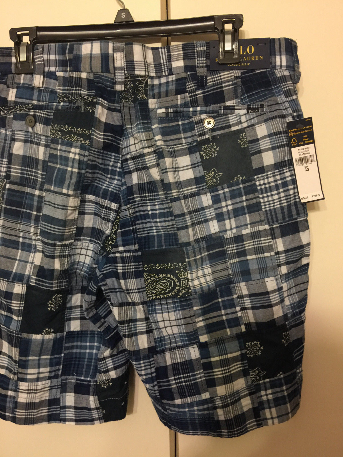 Polo Ralph Lauren Mens Shorts~Classic Fit~Indigo/Navy Madras Patchwork~Sz 33~NWT