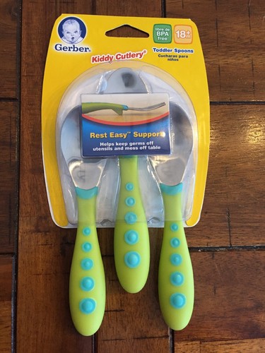 Gerber Graduates 3-Piece Kiddy Cutlery GREEN Baby Toddler Spoons Set 219