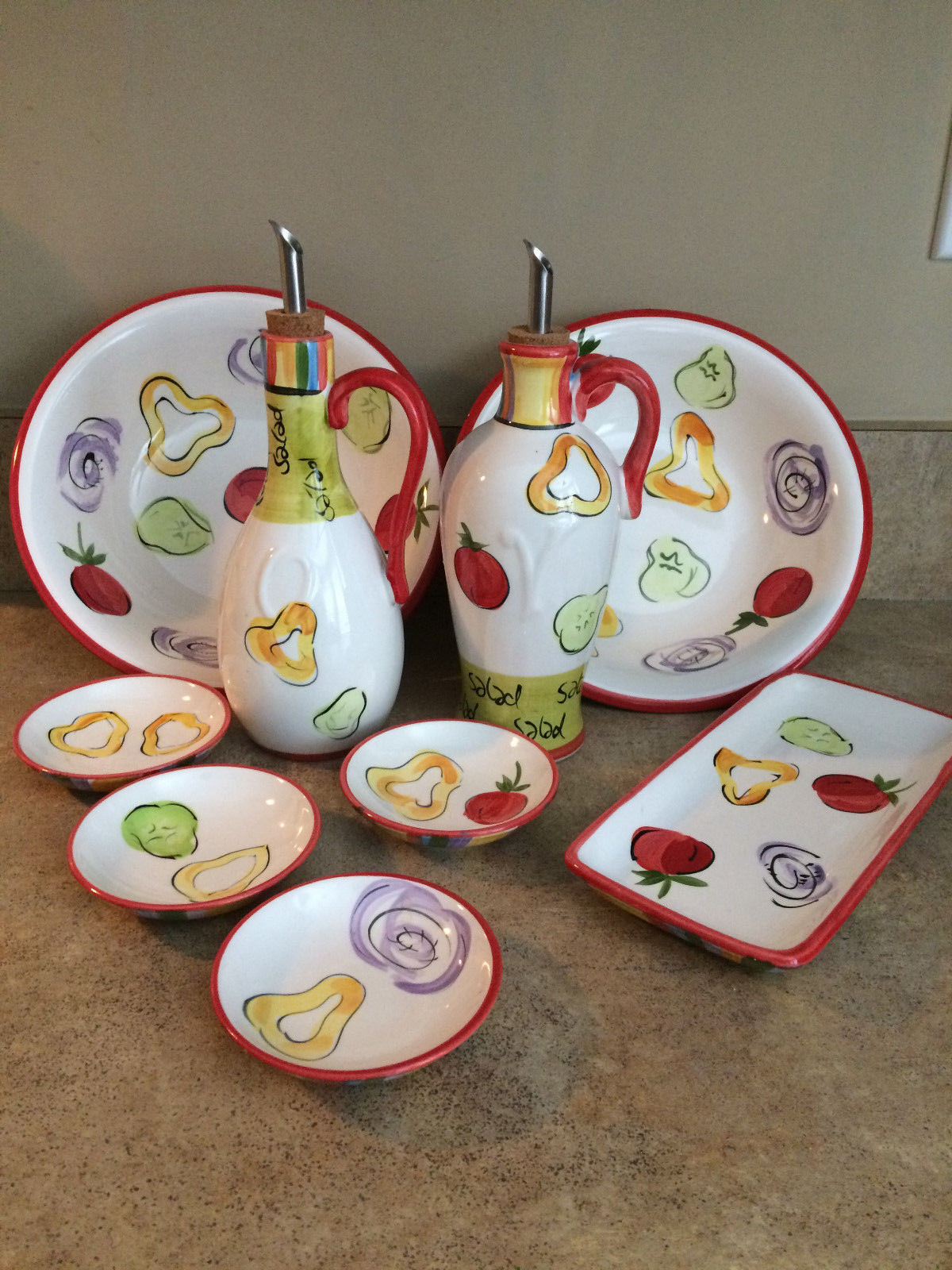 Italian Hand Painted Oil & Vinegar Cruets with 4 Bread Dip Saucers and 2 bowls