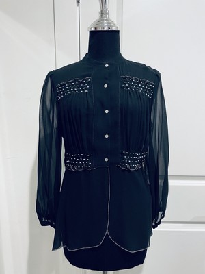 Max Studio Womens Black Sheer Silk & Some Cream Trimming 3/4 Length Sleeve