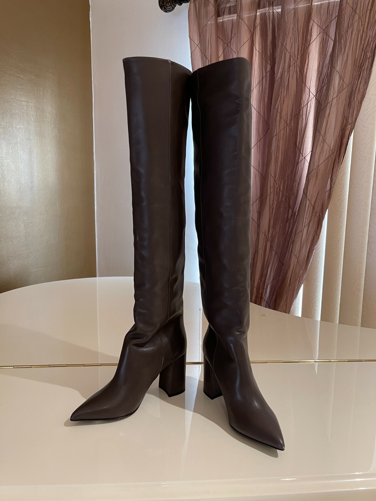 Pre-owned Tabitha Simmons Women's Izzy High Heel Over The Knee Boots Color Army Size 36.5 In Brown