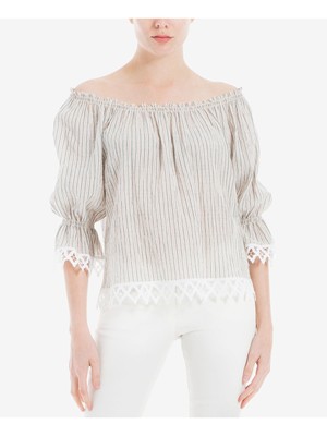 MAX STUDIO Womens Beige Striped 3/4 Sleeve Off Shoulder Peasant Top Size: S