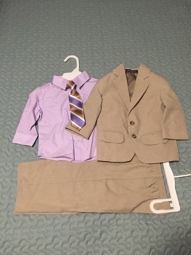 Khaki Suit With Lavender Dress Shirt/Matching Tie 4-piece Infant Boys Size 18 M