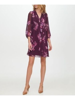 

CALVIN KLEIN Womens Purple Scuba Crepe Long Sleeve Short Fit + Flare Dress, Фиолетовый