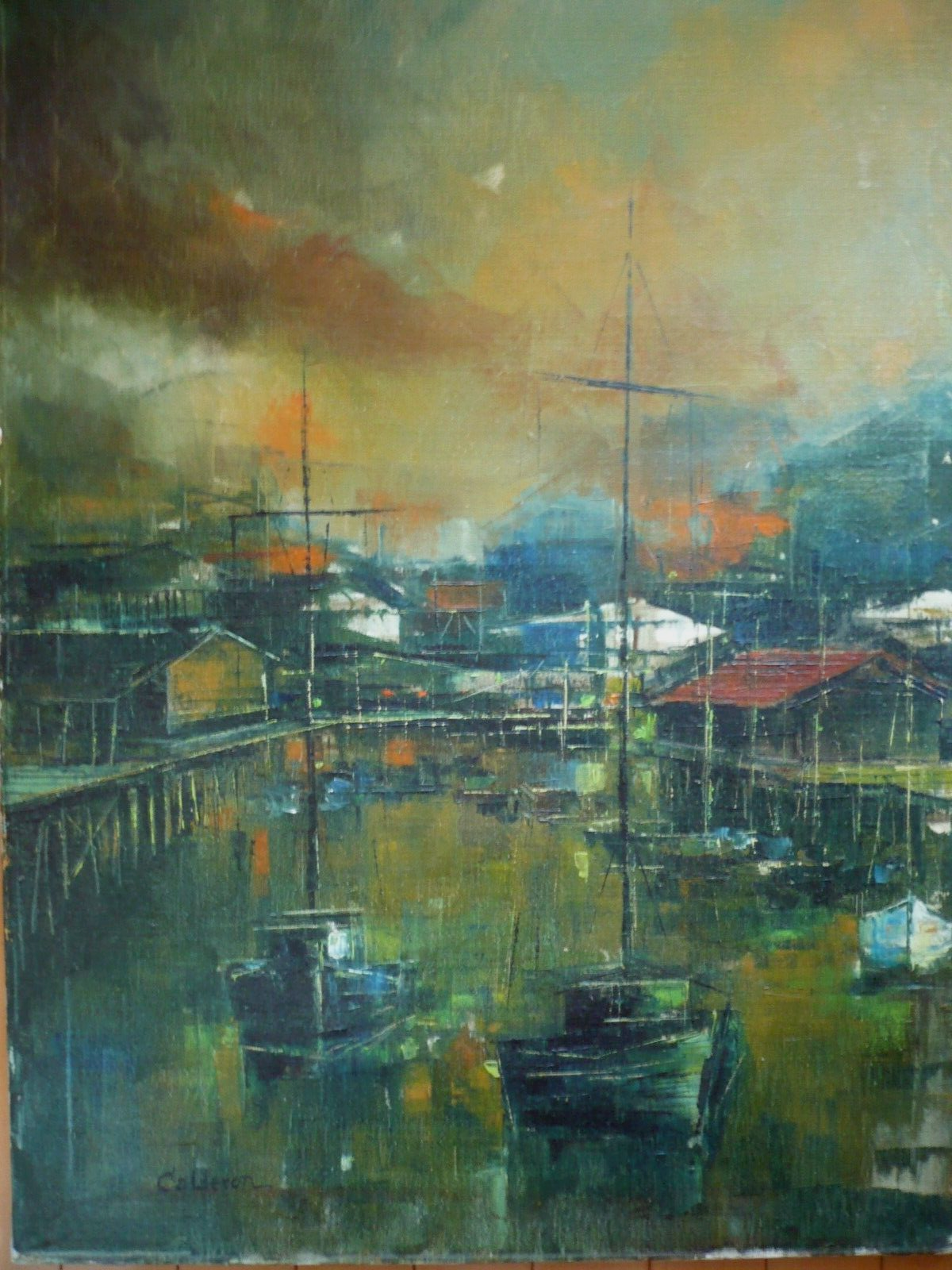 CALDERON, CUBIST CUBISM HARBOR BOATS MODERN IMPRESSIONIST, VINTAGE SIGNED OIL