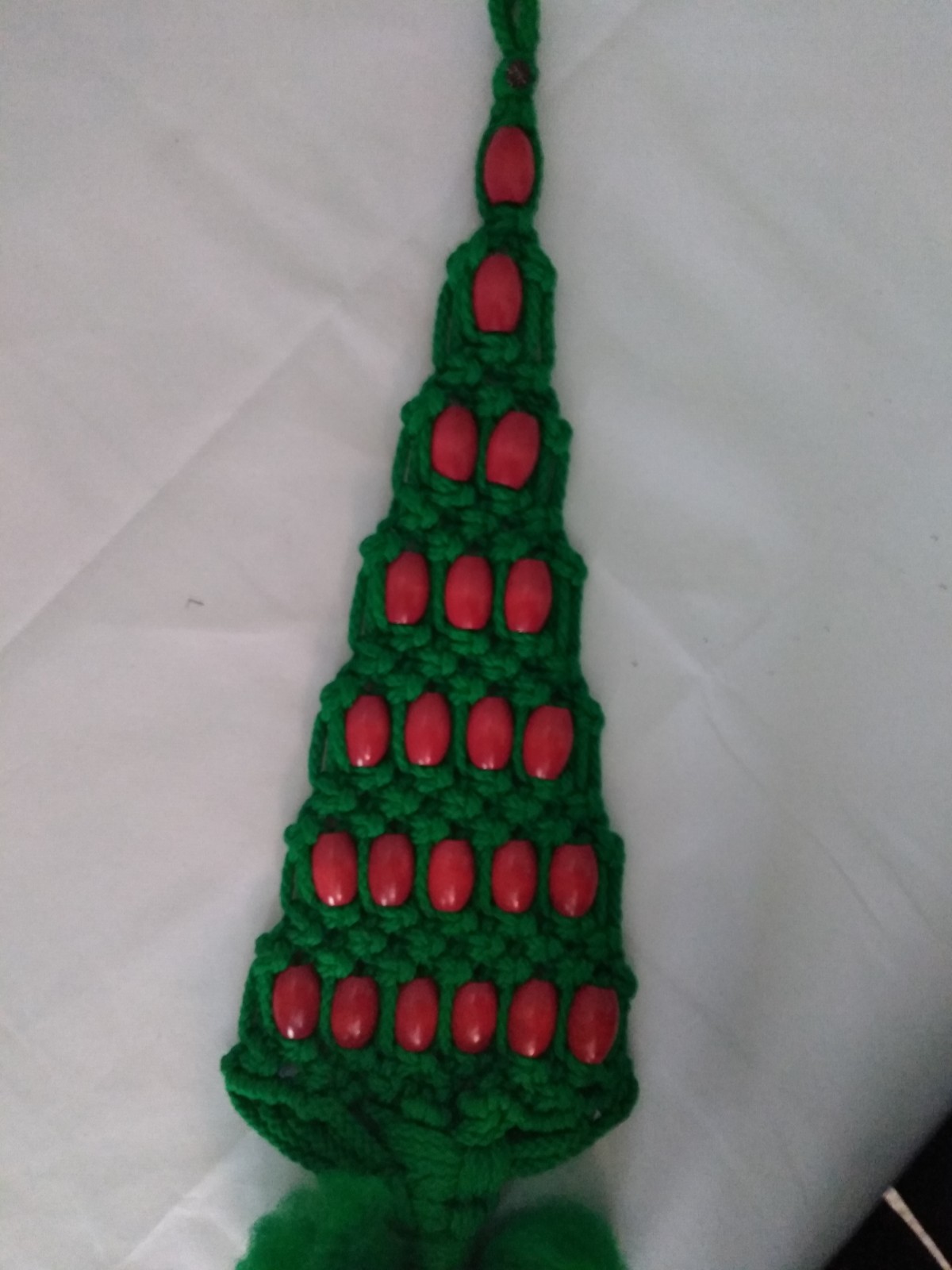 Vtg Macrame Green Christmas Tree Wall Hanging Red Bead balls Mid Century
