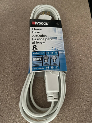 8' foot White Extension Cord 16AWG gauge 3 Wire Prong Grounded Male/Female Plug