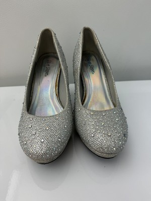 Silver Slipper Size 9 Wide Pumps High Heel Wedding Prom Special Sparkle Glitter