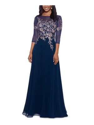 BETSY & ADAM Womens Navy Embroidered Beaded Zippered Lined 3/4 Sleeve Boat Neck