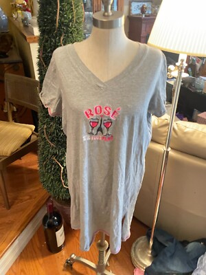 Rene Rofe Sleepwear Sleep Shirt in Gray w/ V neck & French/Rose theme. 1X