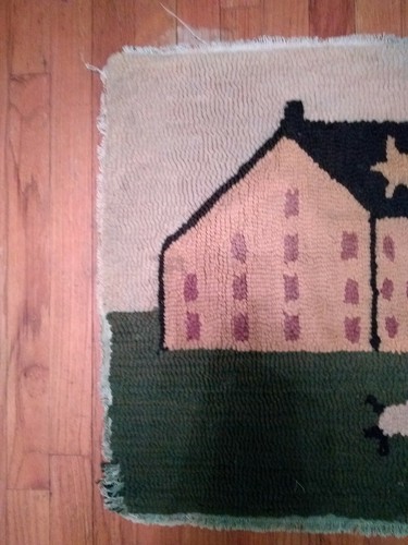 Vintage Primitive Farmhouse wool Hook hooked Rug sheep Americana 2 x 3