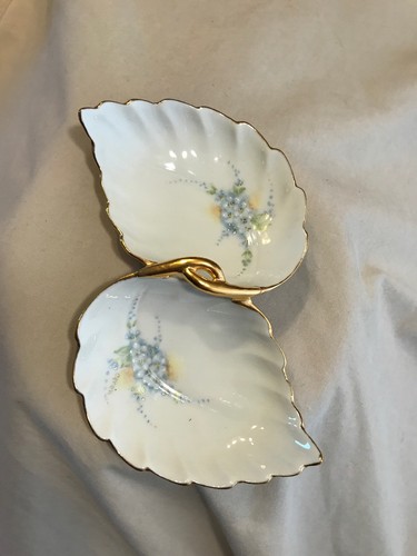 VTG Lefton China Hand-Painted Floral Leaf Double Dish Bridge Bowl Nut relish mix
