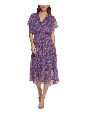 

Женское темно-синее платье миди с развевающимися рукавами и расклешенным краем DKNY, Navy