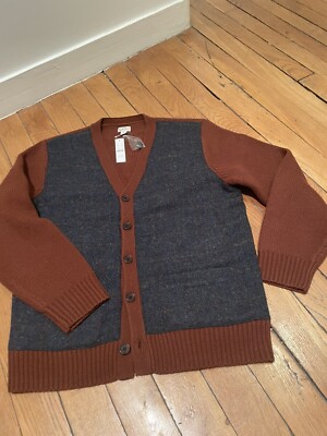 J. CREW Men $278 DEEP REDWOOD Wool V-Neck Cardigan Sweater With Harris Tweed M