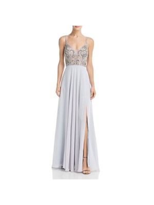 

AQUA FORMAL Женское серебристое длинное вечернее платье на тонких бретельках с подкладкой и подкладкой, Серебряный