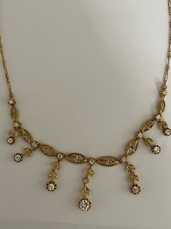 5920- Collier Draperie Or Jaune Argent Diamants (0,50 Ct Au Centre)