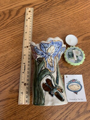 Iris Dragonfly TEA LIGHT Holder 2002 BLUE SKY Clayworks artist Heather Goldminc