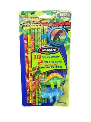 RoseArt Dynamite Dinos Pencil Fun Pack 10 No.2 Pencils 2-3D Erasers & Sharpener