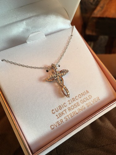 PRIMROSE 18KT Rose Gold Over Sterling Silver CZ Cross Religious Necklace 18 Box