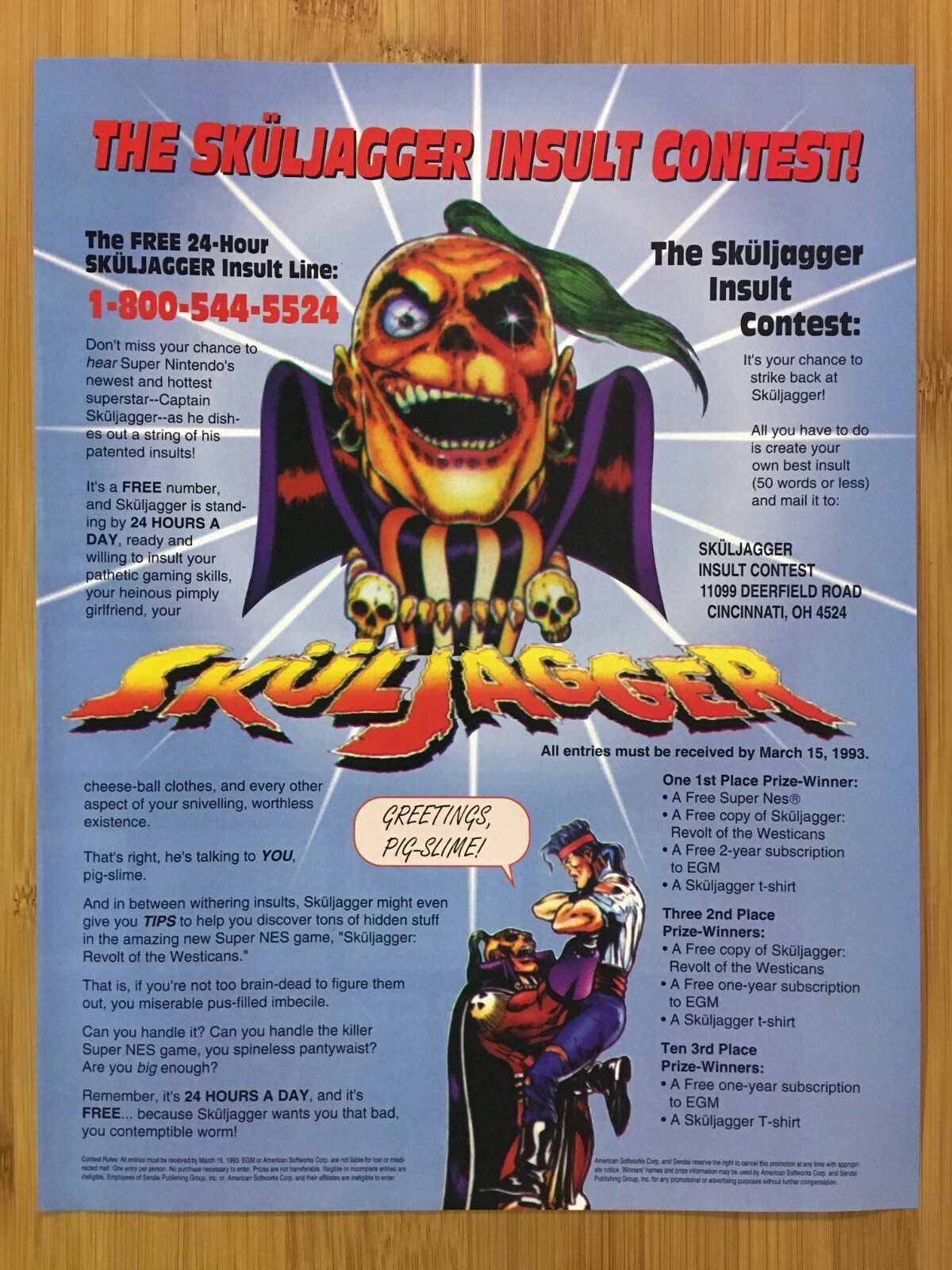 Skuljagger SNES Super Nintendo 1992 Vintage Print Ad/Poster