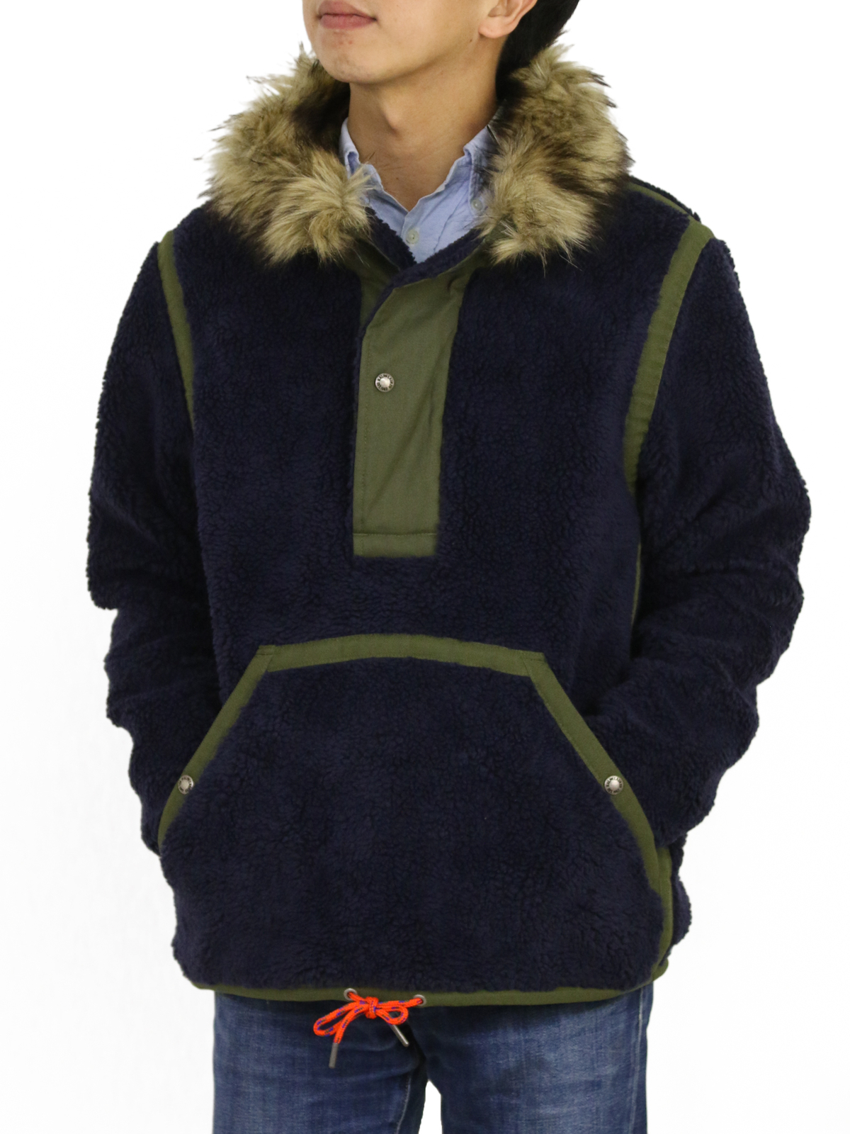 

Плотный флисовый пуловер с воротником в стиле ретро Polo Ralph Lauren, пальто с меховым капюшоном, Navy