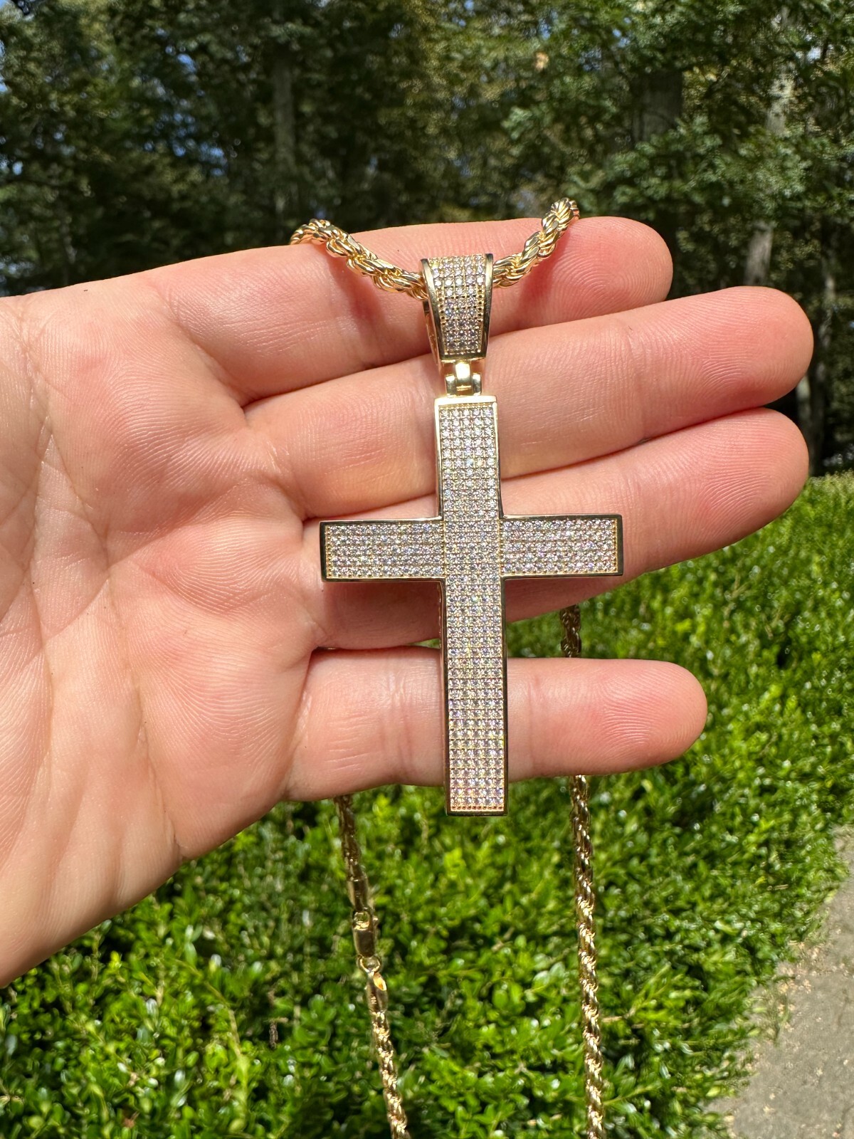 Pre-owned Hip Hop Solid 10k Yellow Gold 3ct Vvs Moissanite Cross Pendant Necklace 19g Mens Large In White